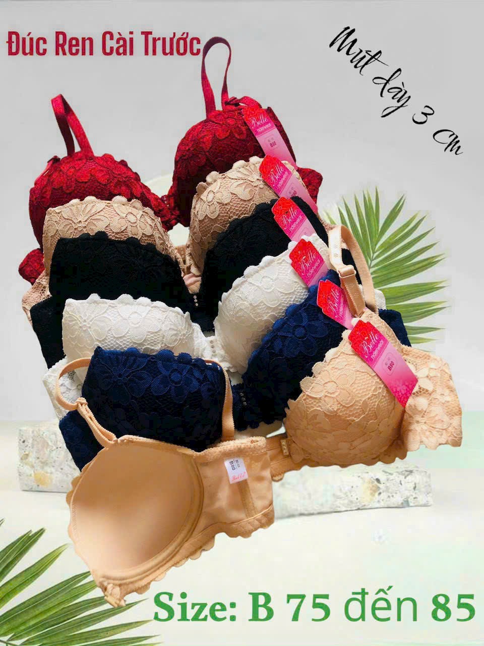 Áo lót nữ mút dày cài trước có gọng nâng ngực ren hoa mai Belle 129 – Size B75–B85