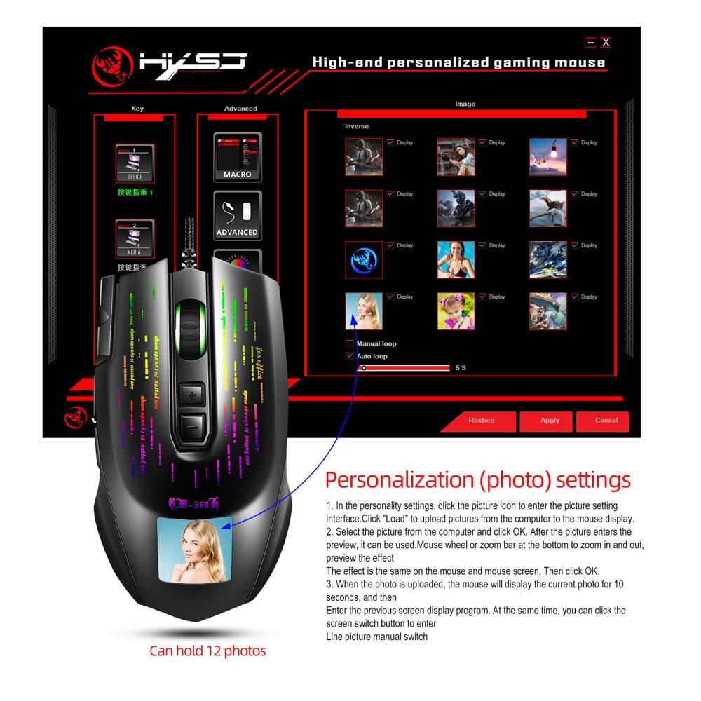 HXSJ J500 USB Wired Gaming Mouse RGB Gaming Mouse with Display Screen Six Adjustable DPI for Desktop Laptop