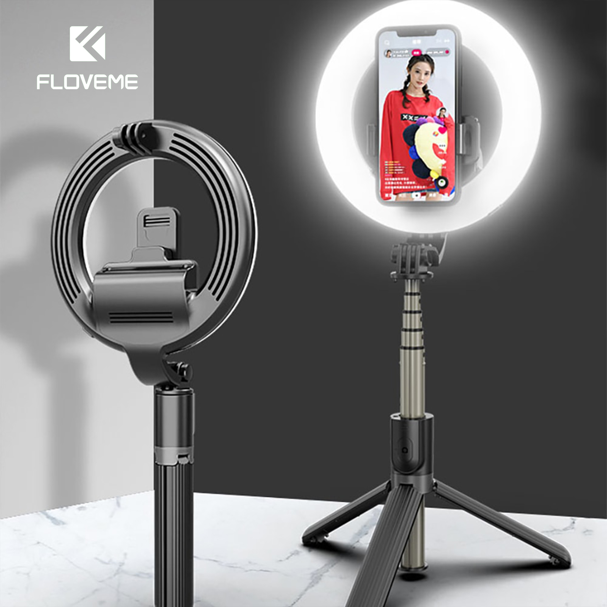 Gậy selfie Floveme -L07 kiêm giá đỡ hỗ trợ Live stream tích hợp vòng đèn Led, Bluetooth 4.0 tiện lợi, Pin 12000 mAh - Hàng Chính Hãng