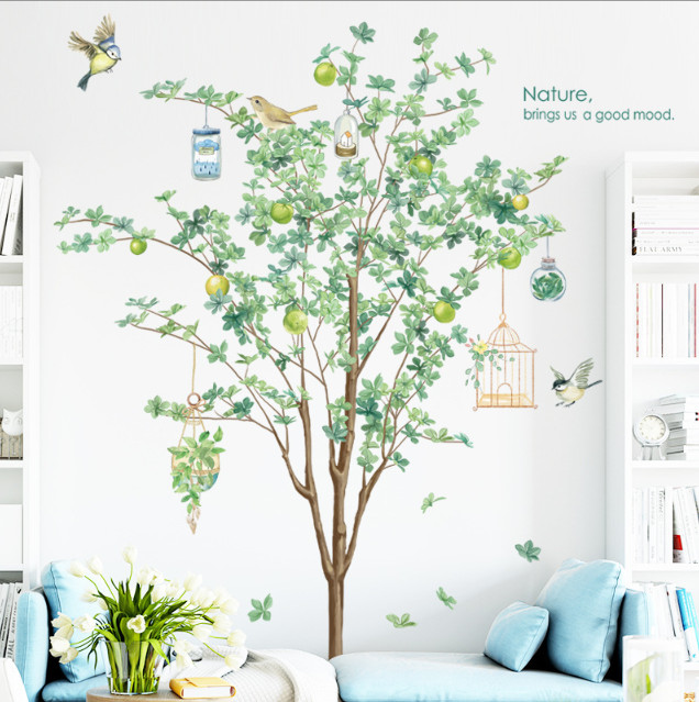 Decal trang trí tường - Cây ổi xanh và lồng chim