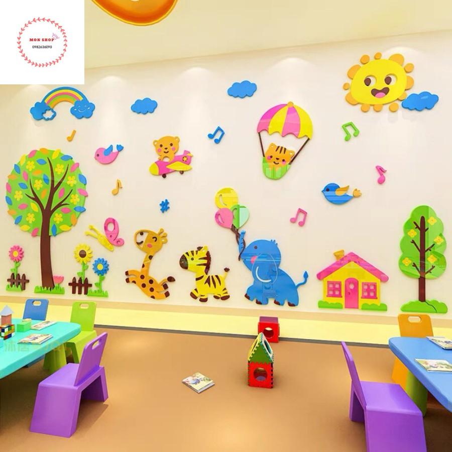 Decal dán tường mica 3D cây sắc màu và thế giới động vật, tranh các con vật dễ thương trang trí phòng bé yêu