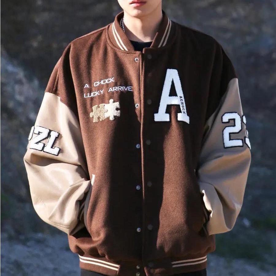 Áo khoác bomber jacket nam nữ hình in Lucky chất nỉ bông cao cấp varsity a chock lucky unisex thêu 2 lớp - Gin Store