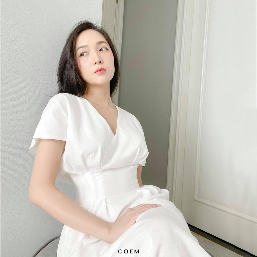Đầm Midi Cổ Xẻ Chiết Eo Chất Liệu Linen Premium Màu Trắng CO EM Thiết Kế Thanh Lịch Nữ Tính Phù Hợp Công Sở Đi Tiệc