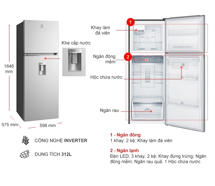 Tủ lạnh Electrolux Inverter ngăn đá trên có ngăn đông mềm 312 lít - ETB3440K-A - Lấy nước bên ngoài, khử mùi diệt khuẩn, khay kim loại cao cấp