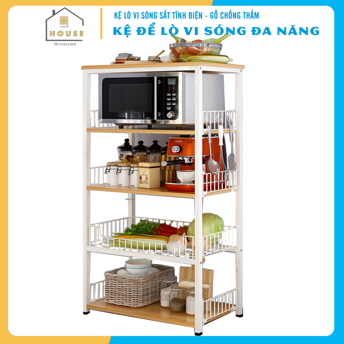 Kệ để lò vi sóng đa năng 175-1N thương hiệu 9House kệ đựng đồ đa năng để lò nướng nồi cơm điện kèm giá rổ để rau củ gia vị loại khung sắt dày sơn tĩnh điện chống rỉ mặt gỗ MDF lõi xanh chống ẩm bề mặt phủ melamine chống thấm cao cấp - Hàng chính hãng - đe