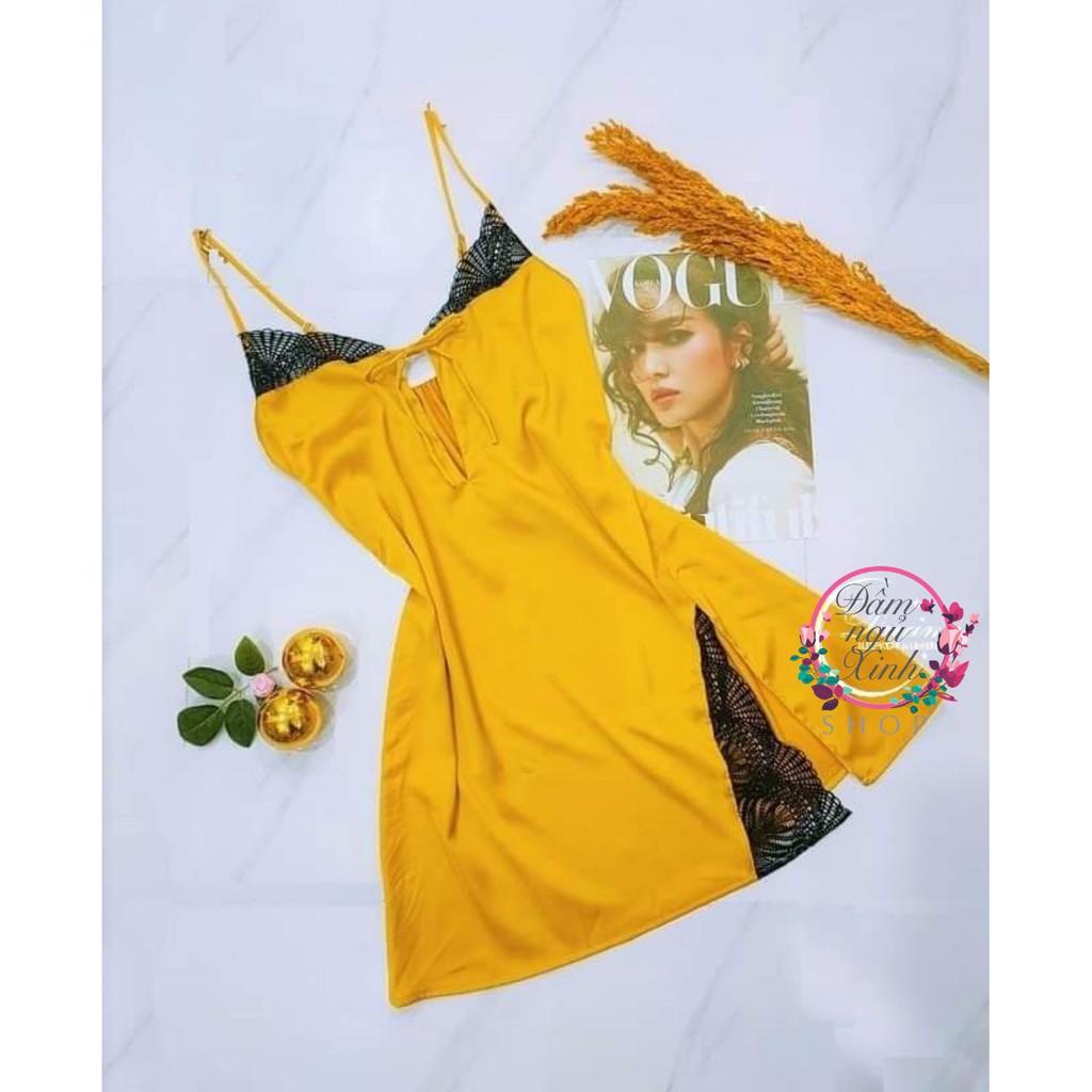 Váy ngủ lụa xẻ tà sexy ,sang trọng kèm chip ren gợi cảm