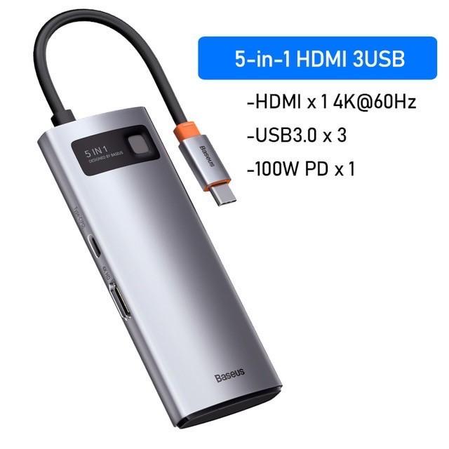 Hub chuyển đa năng Baseus Metal Gleam Series 5 in 1 Type C Ra 3 Usb 3.0 + HDMI 4k60Hz Và Cổng Sạc PD 100W - Hàng chính hãng