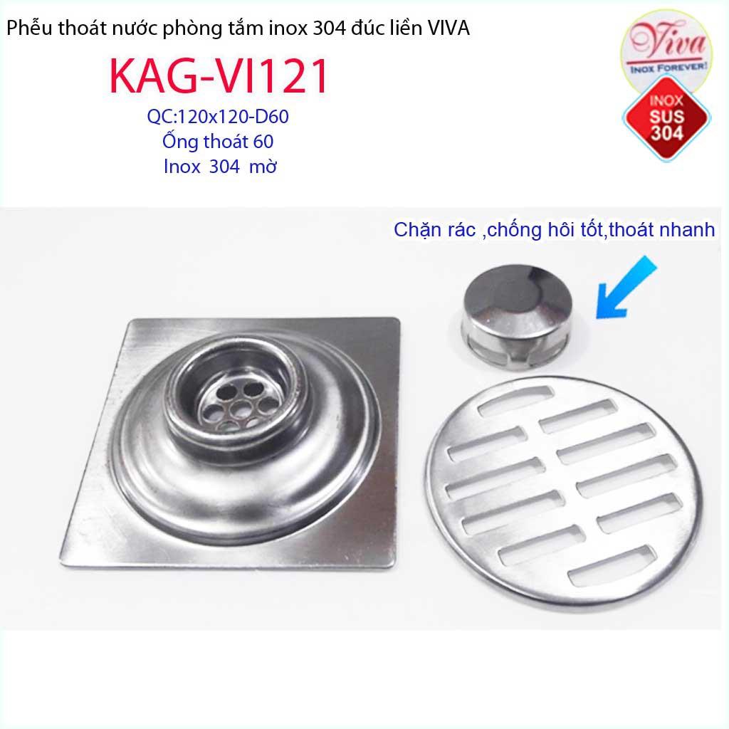 Phễu thoát sàn Viva 12x12 cm KAG-VI121 ống thoát 60mm chống mùi hôi inox 304, thoát sàn inox đúc dày thoát nước nhanh ch