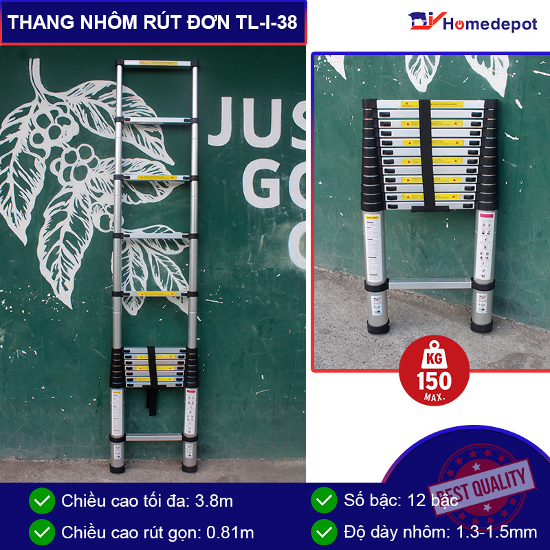 Thang nhôm rút đơn chữ I 3.8m DIY TL-I-38 Tiêu chuẩn EN131