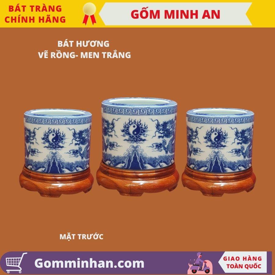 Bát Hương Thờ Vẽ Tay Song Long Chầu Nguyệt Men Trắng Cao Cấp- Gốm Sứ Bát Tràng- Gốm Minh An