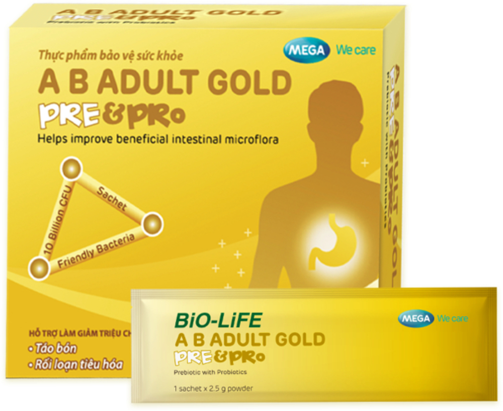 Bột men vi sinh lợi khuẩn sống & chất xơ cho đường ruột giảm táo bón, khó tiêu Mega We Care AB ADULT GOLD PRE&PRO 10 gói