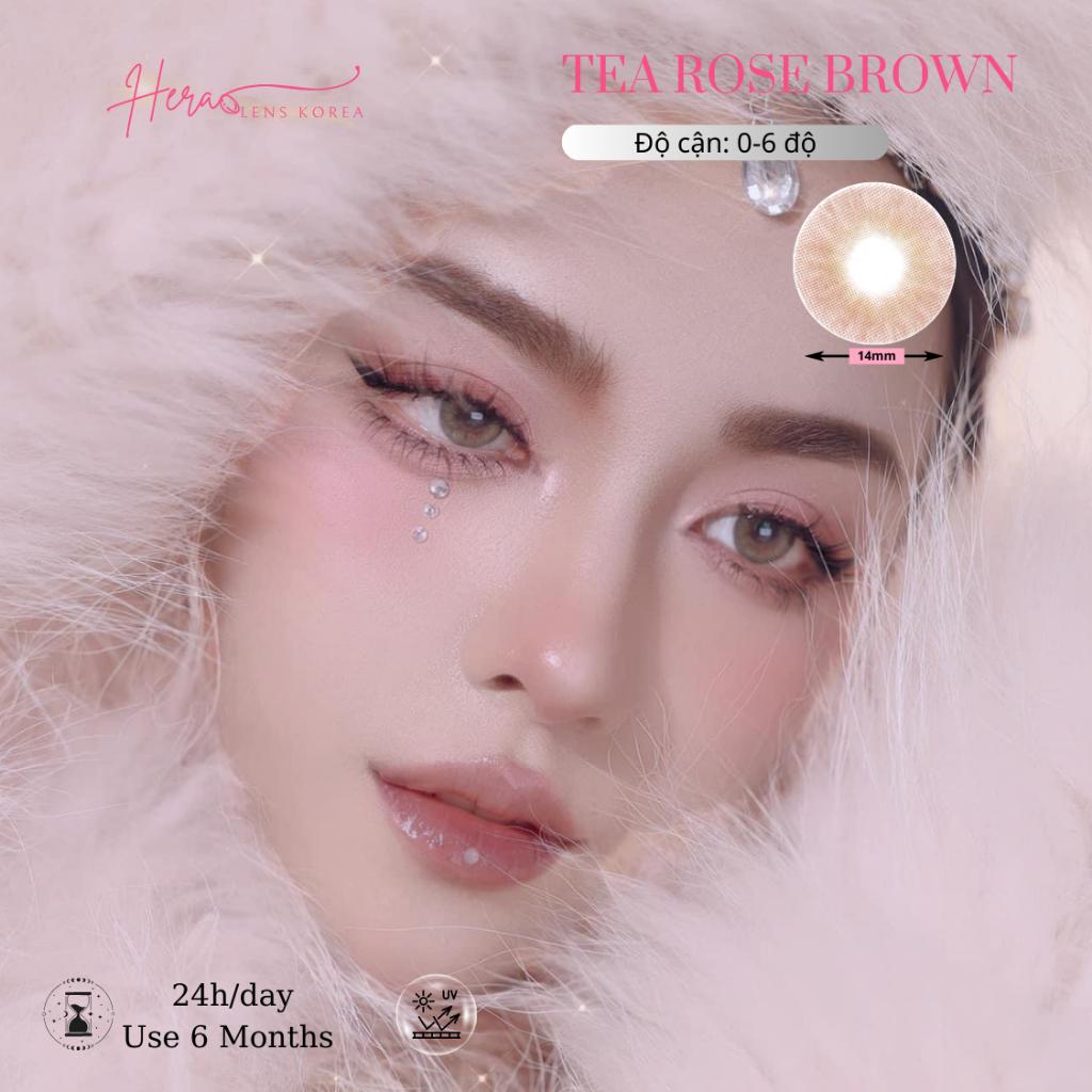 Kính Áp Tròng Hera Nâu Hồng Trà 0 - 6 Độ TEA ROSE BROWN Nhập Khẩu Hàn Quốc Lens Cận 6 Tháng