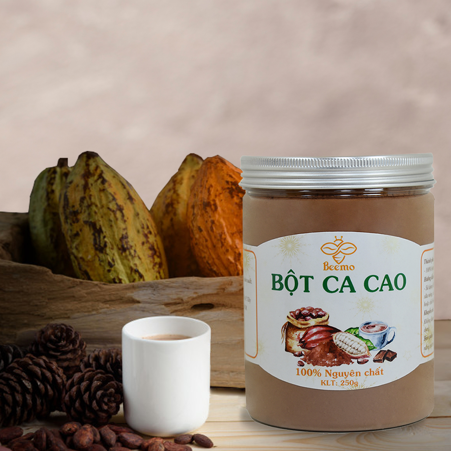 Bột ca cao Beemo - Cacao nguyên chất, không đường, pha chế đồ uống, làm bánh, chế biến Chocolate