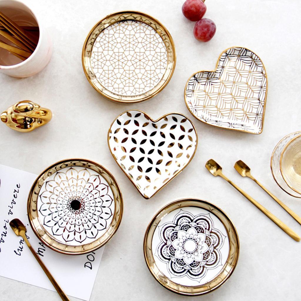 2X Nordic Style Ceramic Small Dishes Circle Trinket Tray Gold Trim Style-02