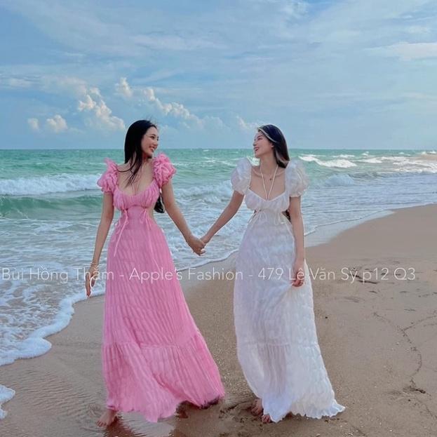 Đầm váy maxi khoét eo xốp mút ngực hồng xanh bơ trắng tay phồng Ivy.fashion đi biển dự tiệc dạo phố bigsize gợi cảm se