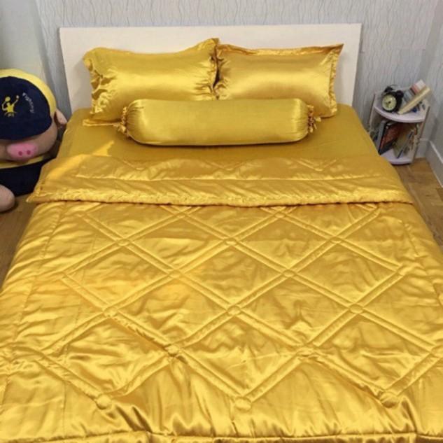 Trọn Bộ Chăn Trần Bông Ga Gối Phi Lụa 5 Món Cao Cấp LAN PHAM BEDDING - Màu Vàng Chanh