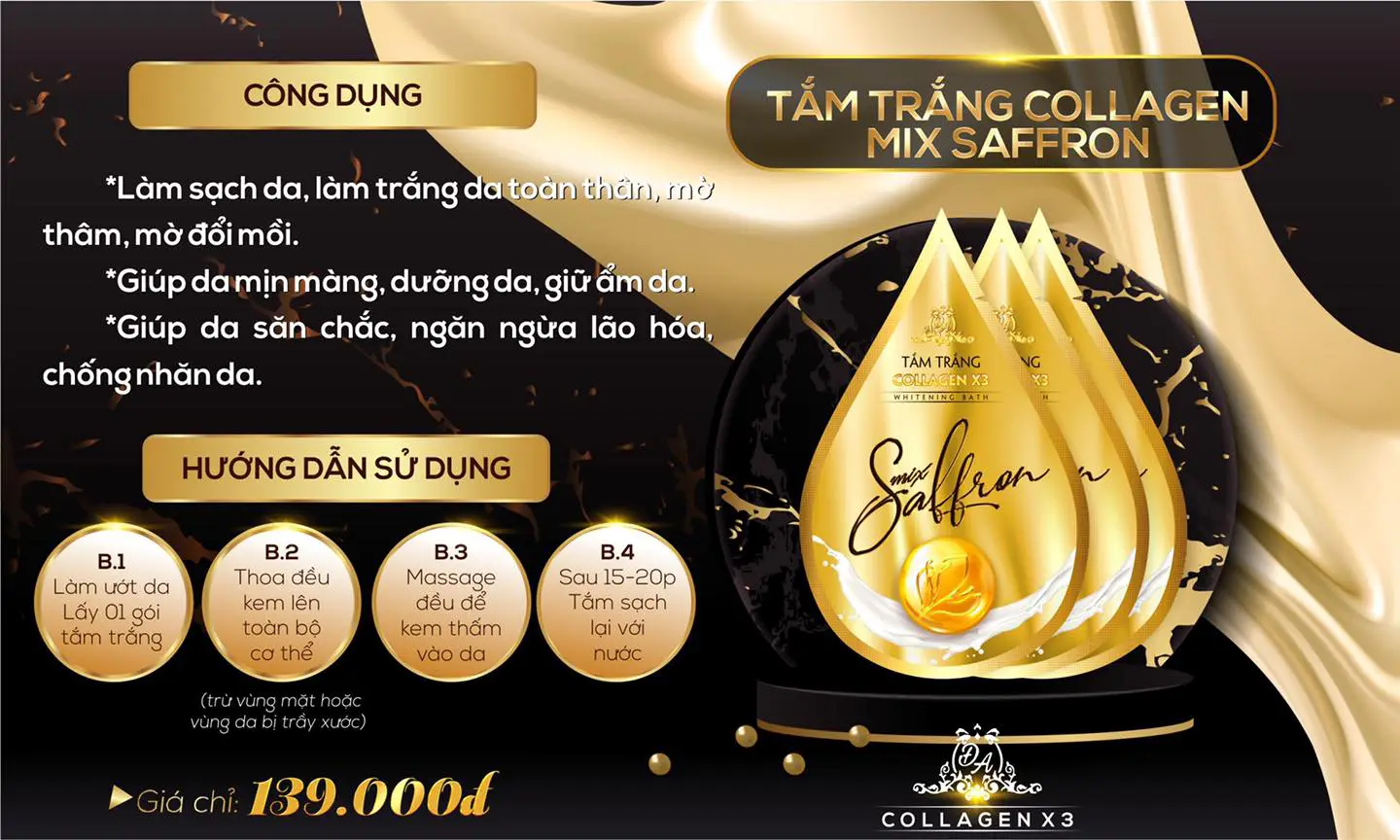 Combo Kem Body Collagen X3 Luxury + Tắm Trắng Mix Saffron + Kích Trắng Da Toàn Thân X3