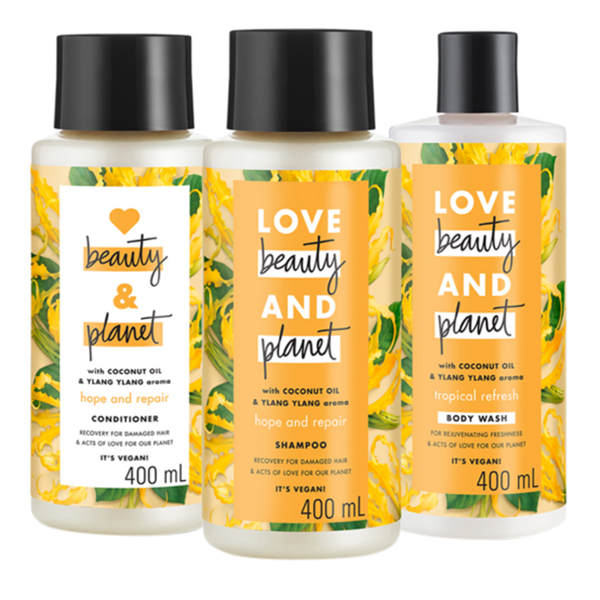 Combo Gội Xả + Sữa Tắm Love Beauty And Planet Phục Hồi Tóc Hư Tổn &amp; Da Khô (400ml/Chai)