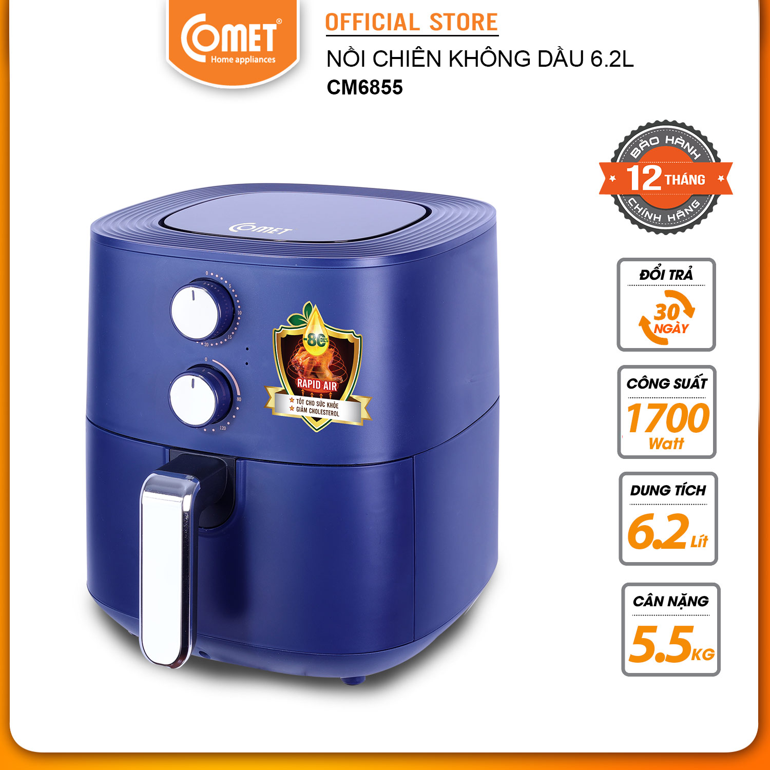 Nồi chiên không dầu 6L COMET - CM6855 - Hàng Chính Hãng