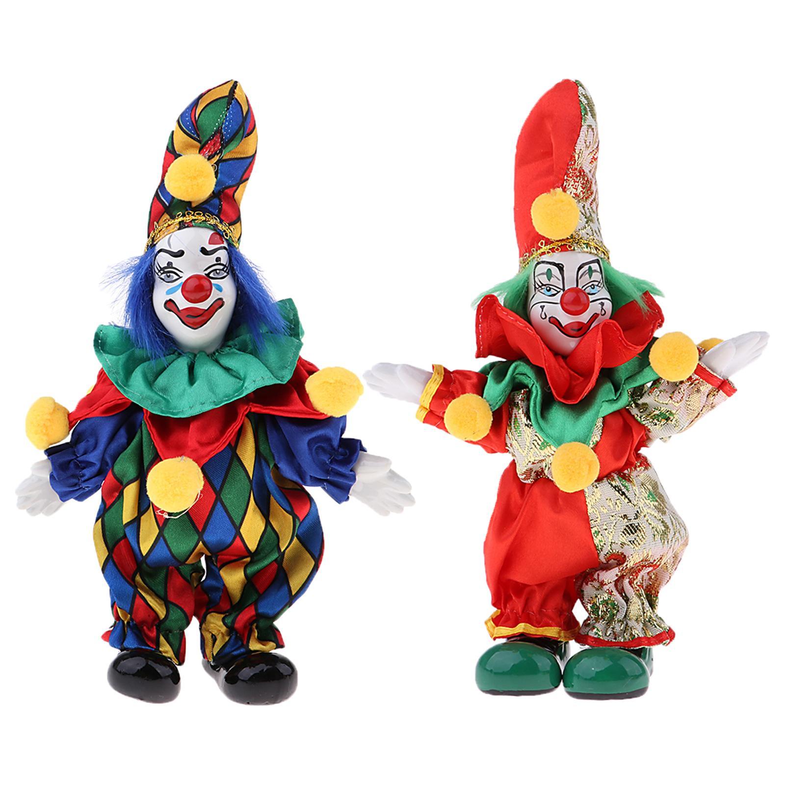 2x 6inch Funny Clown Porcelain Doll in Colorful Costume Handicraft Gift