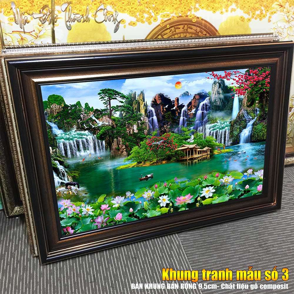 Tranh treo tường phòng khách, phòng ngủ SƠN THỦY HỮU TÌNH khung gỗ composit chất liệu pvc gương / lụa kim sa. MS:2224L9