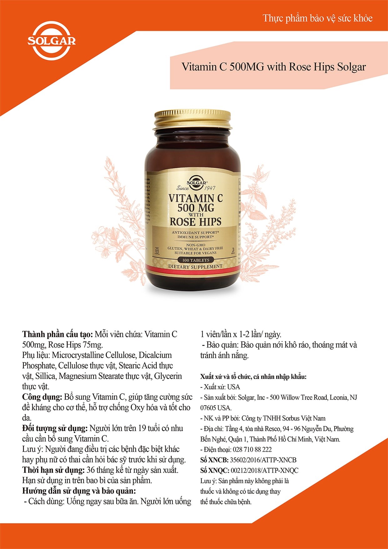 Viên Uống Bổ Sung Vitamin C, Tăng Đề Kháng, Chống Oxy Hóa với Dầu Tầm Xuân Solgar Vitamin C 500mg With Rose Hips (Hộp 100 Viên)