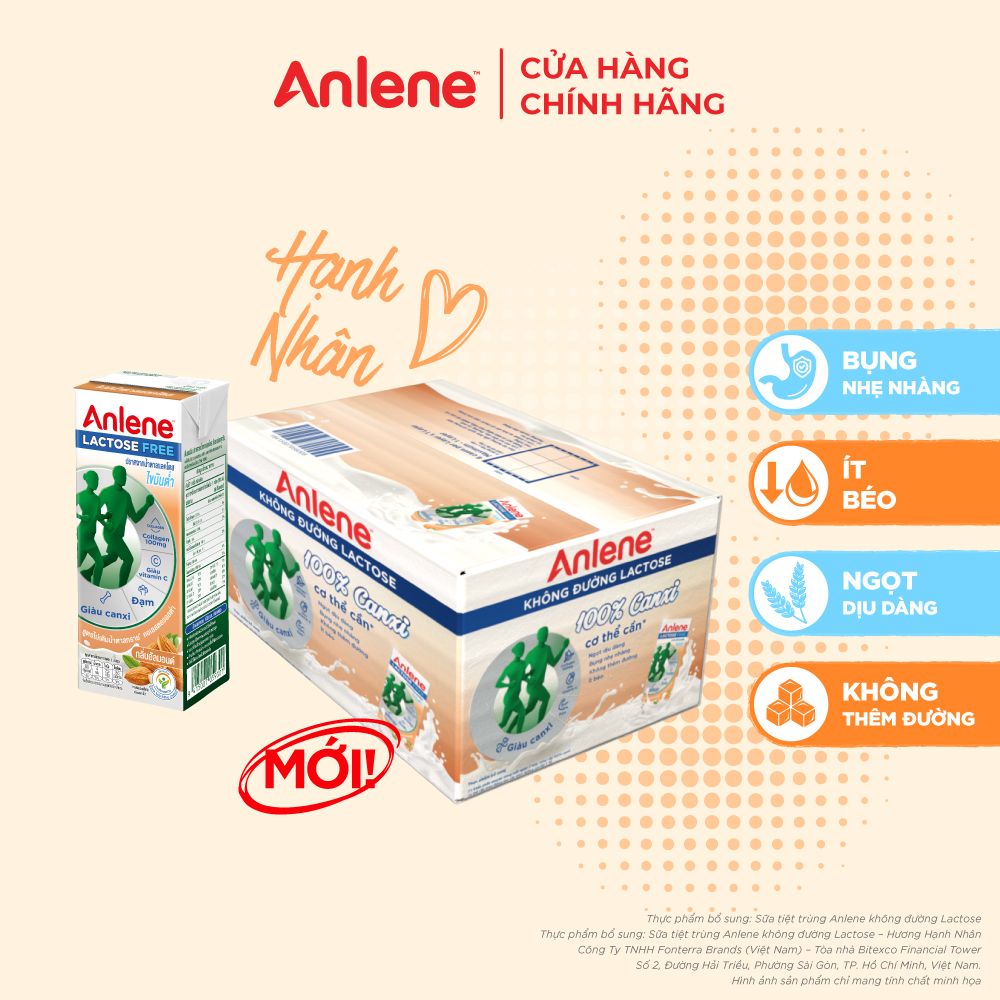 Thùng 18 hộp sữa Anlene không đường Lactose vị hạnh nhân (18 x 180ml)