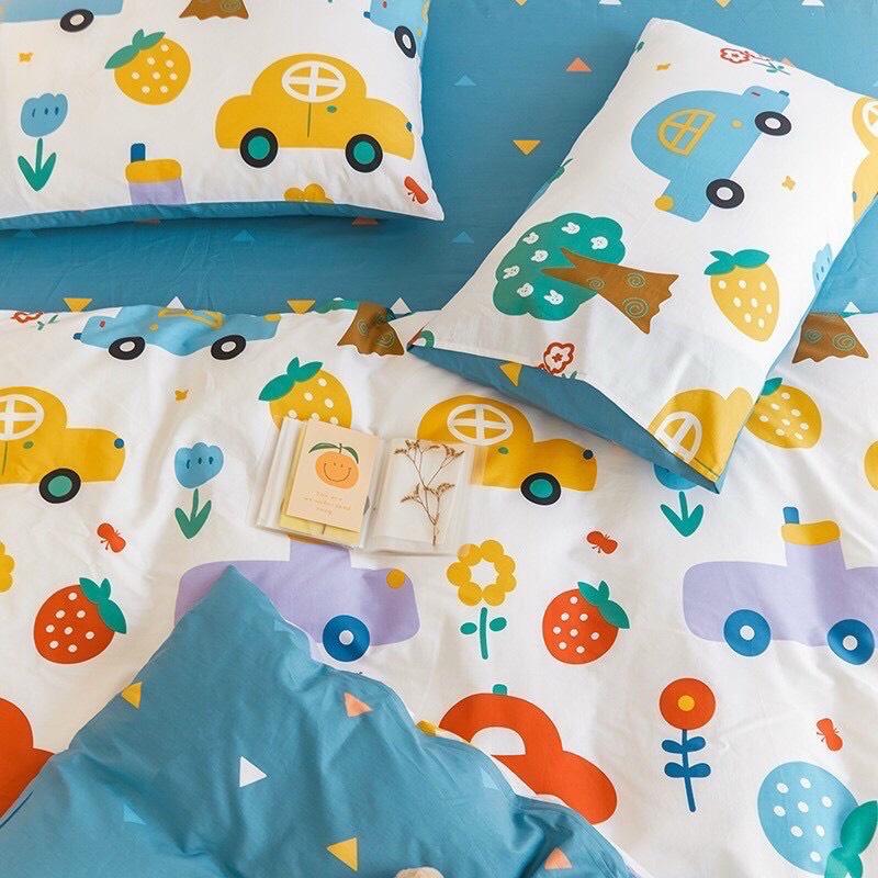 Bộ Chăn Ga Gối Cotton Living Xe Ô Tô Xanh