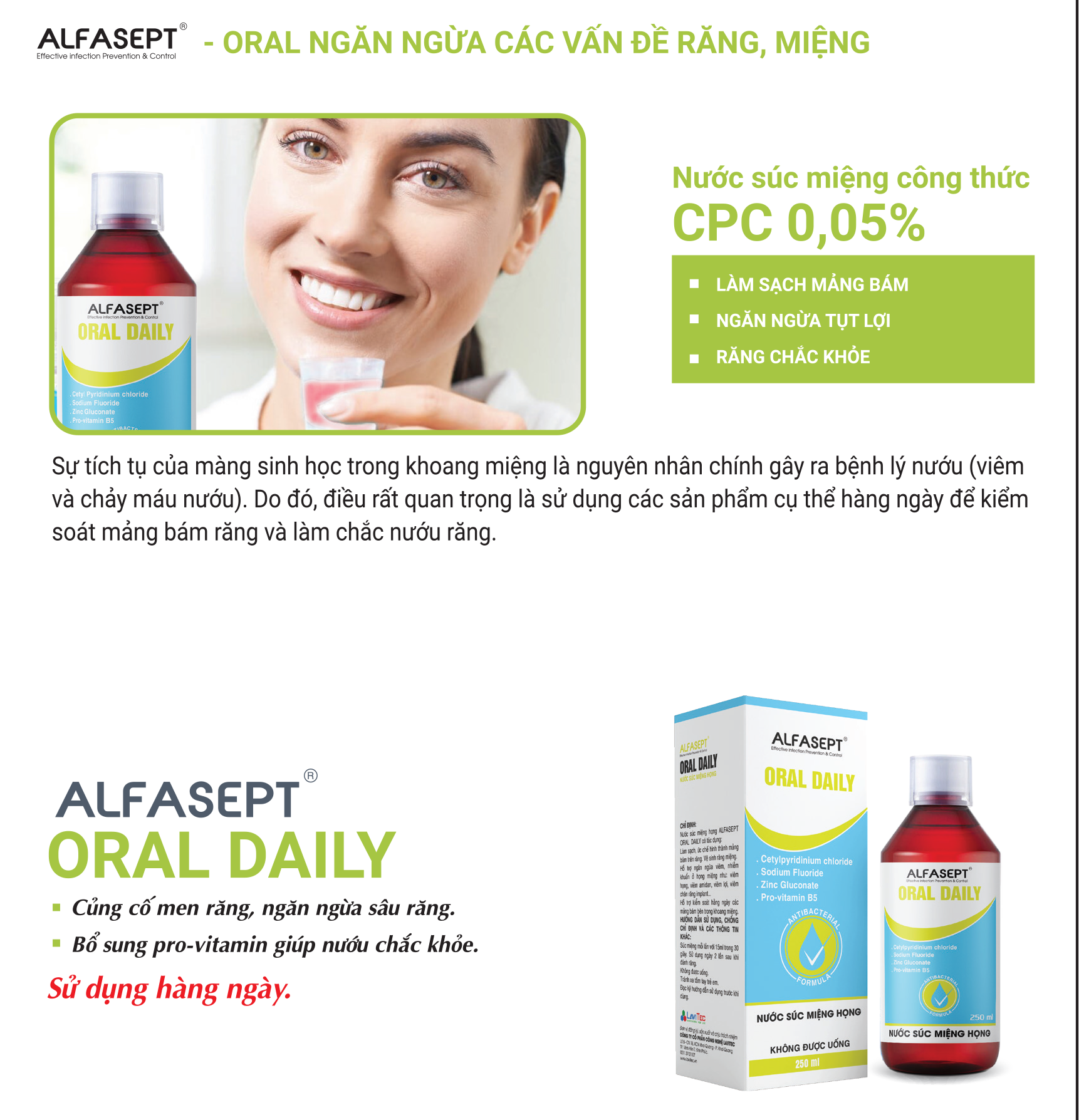 Nước súc miệng họng ORAL DAILY 250ml - Bổ sung Provitamin B5 giúp nướu chắc khỏe, ngừa sâu răng