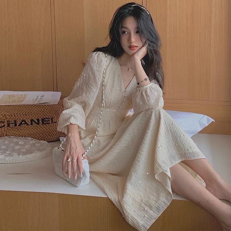 Đầm váy nữ tơ kim sa cổ V đính hạt đi làm, đi chơi, dự tiệc Yeon Dress