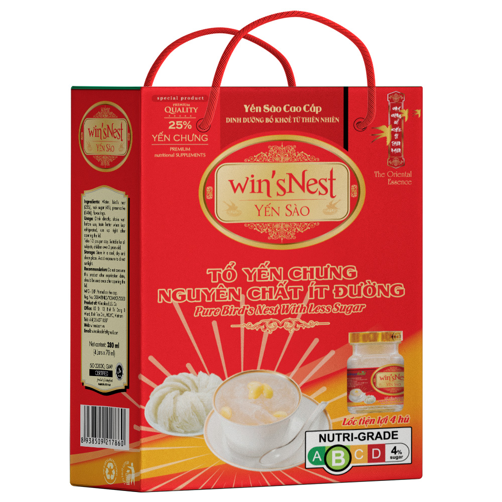 Yến sào win'sNest tổ yến 25% chưng sẵn nguyên chất ít đường (4 lọ*70ml/ Hộp) thích hợp cho mọi đối tượng và trẻ từ 3 tuổi trở lên