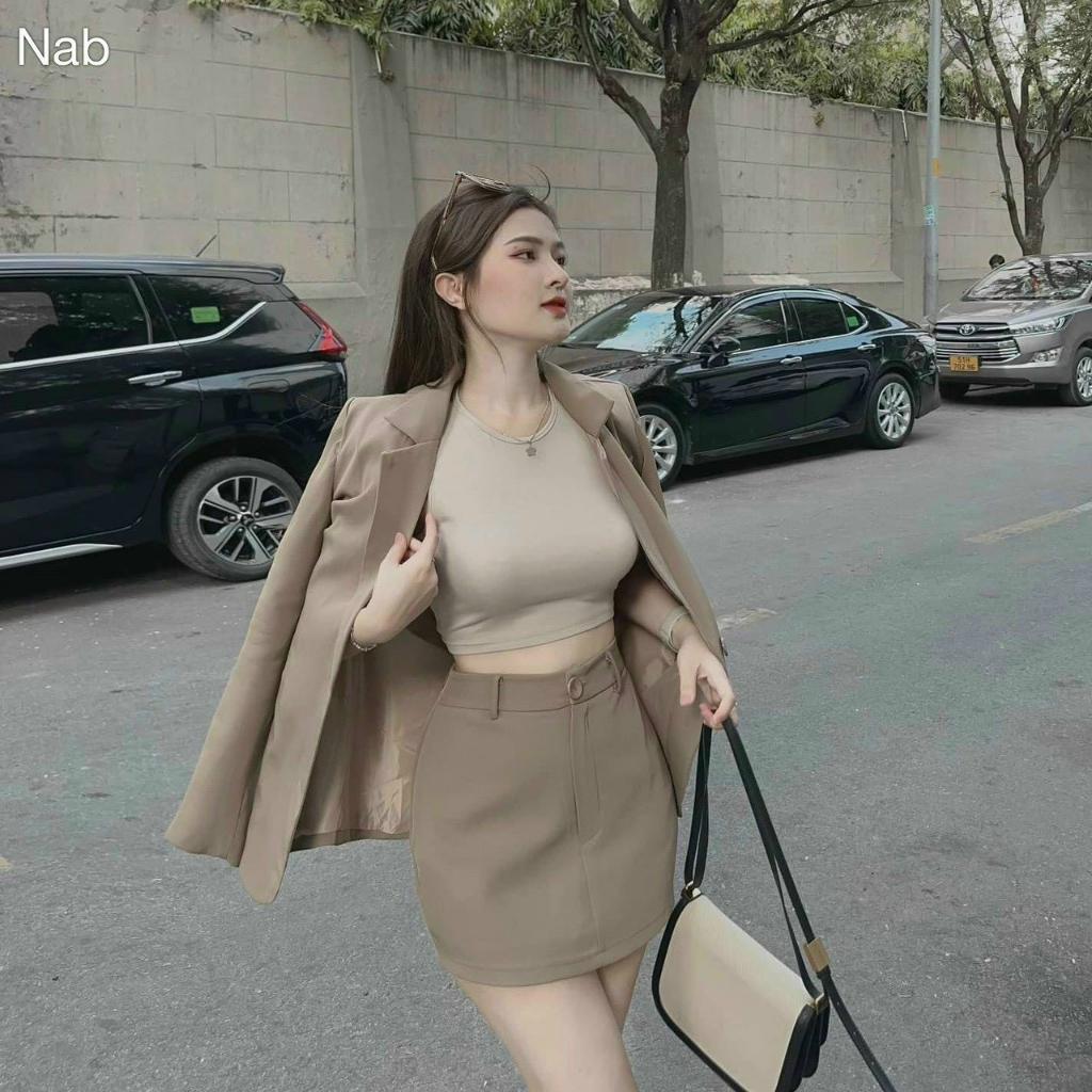 M10 set vest 3 món áo crop thun kèm chân váy mango phối khoác công sở nina lê