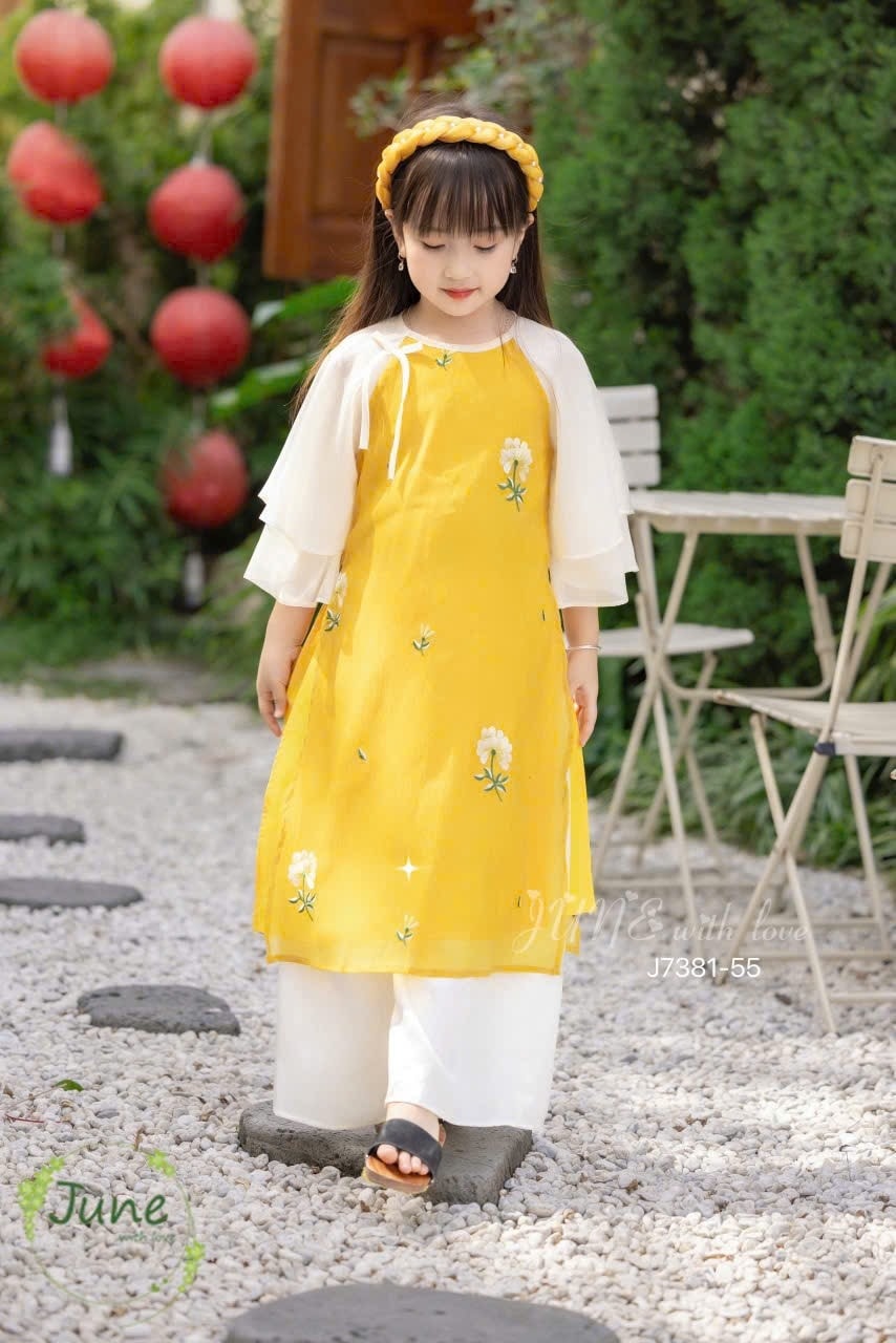 Áo dài tết cho bé gái mẫu Phú quý tay phồng xinh xắn từ 10-40kg hàng thiết kế cao cấp (kèm cài)