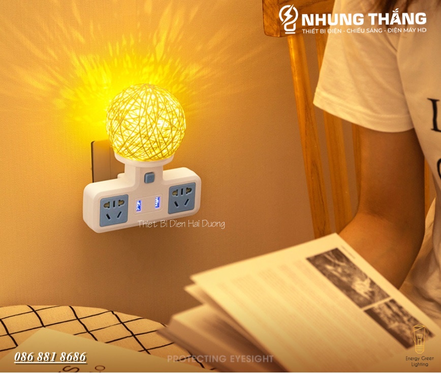 Ổ Cắm Điện Đa Năng - Đèn Ngủ Cầu Mây - 2 Cổng USB , Ổ Chịu Tải 2500W, Chống Cháy Nổ - Kèm Phích Chuyển Đổi - Có Video