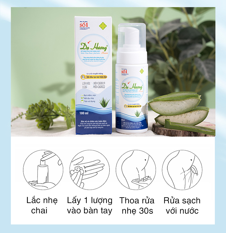 Dung dịch vệ sinh DẠ HƯƠNG dạng bọt đặc chế cho da nhạy cảm tinh chất lô hội 180ml JN-DH01