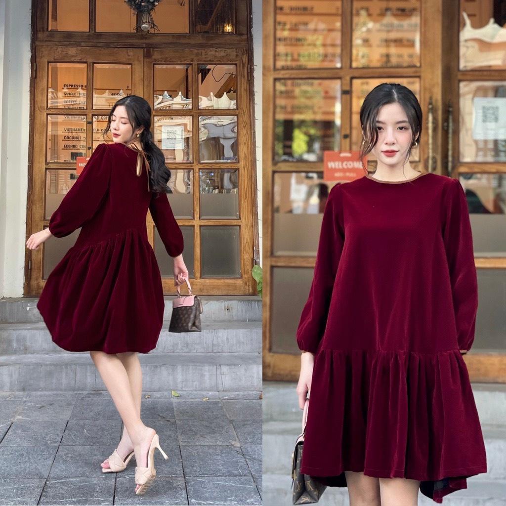 Váy bầu thu đông -đầm bầu Đỏ Nhung Cúc xinh xắn