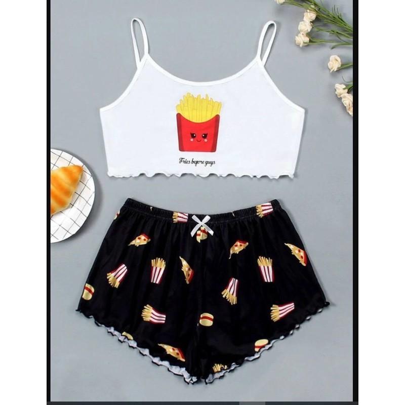 Set áo 2 dây croptop kèm quần in 3D siêu xinh chất cotton mềm mịn-N