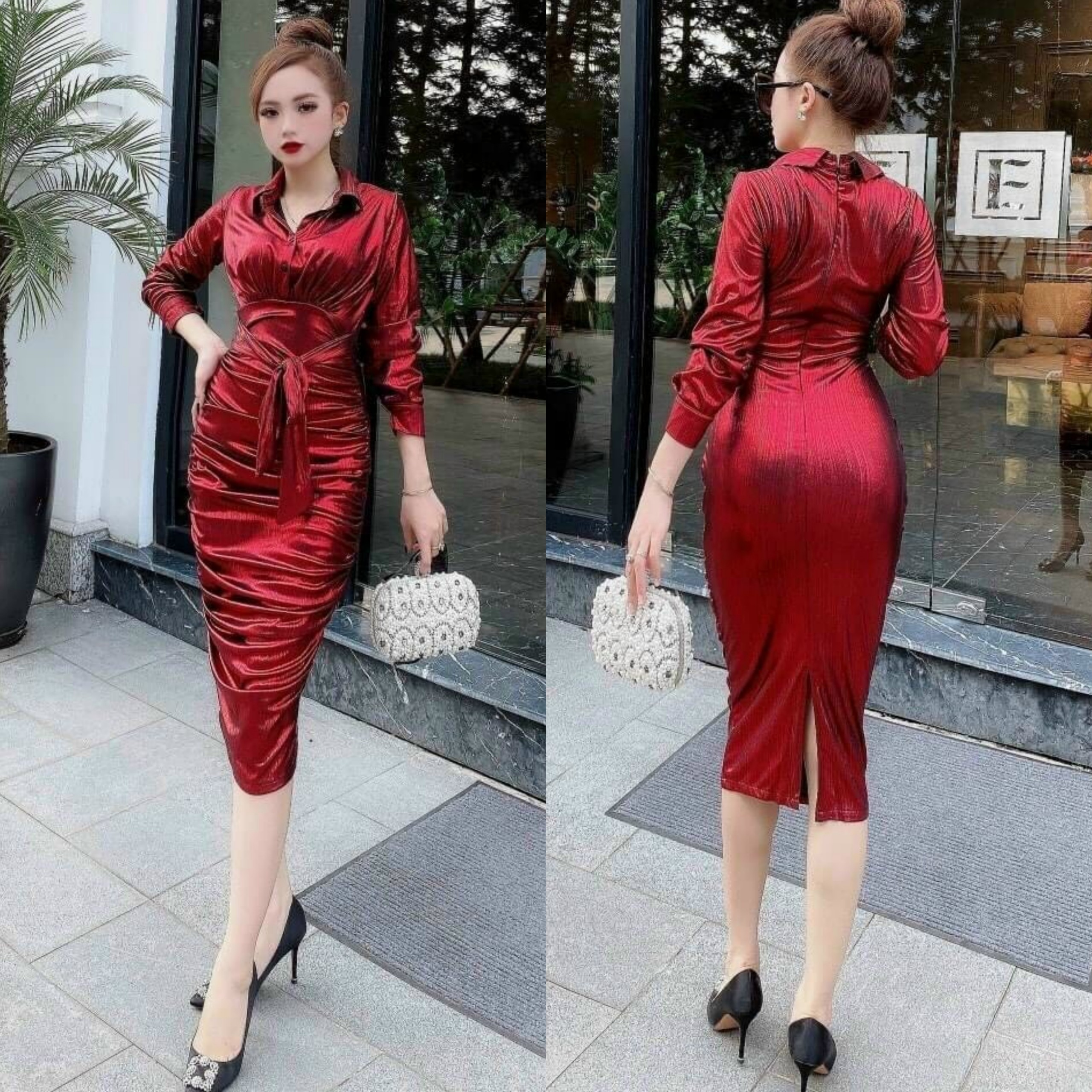 Đầm Body Nhũ Ánh Kim Cao Cấp cổ sơ mi thân nhúng cột eo (SIZE S-M-L-XL)