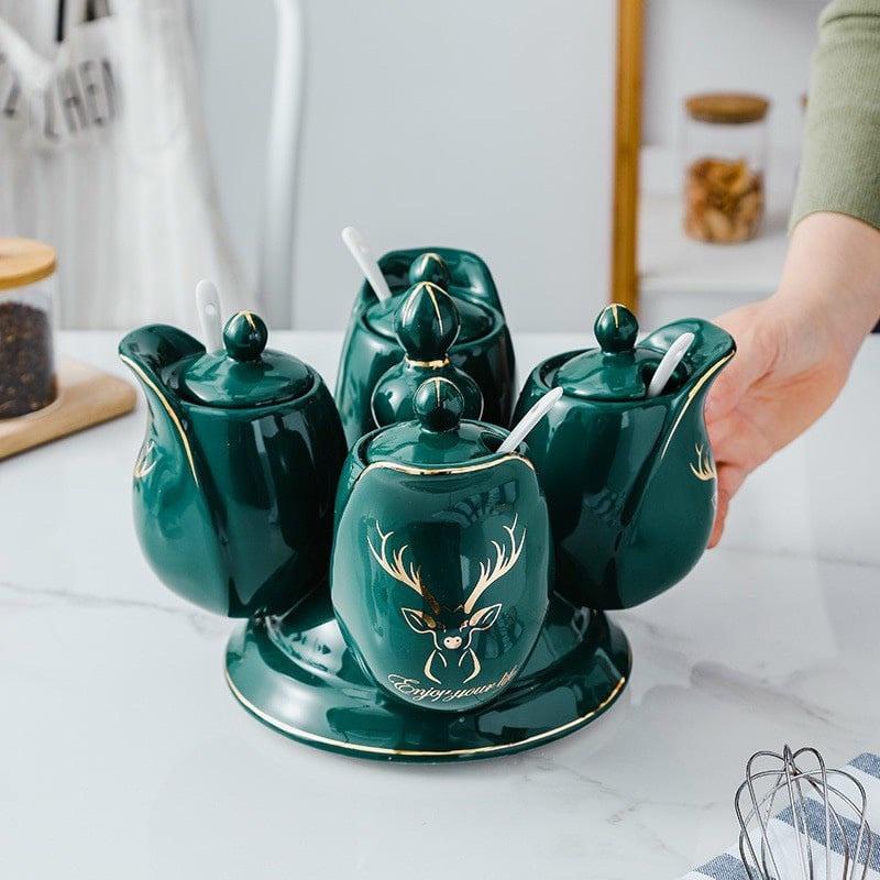 Bộ 4 hũ đựng gia vị sứ xanh cao cấp có chân xoay 360 độ