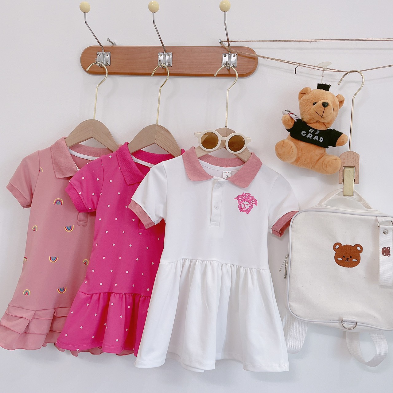 Đầm Thun Cotton Ngắn Tay Cổ Bẻ Phong Cách Preppy Thời Trang Mùa Hè Cho Bé Gái