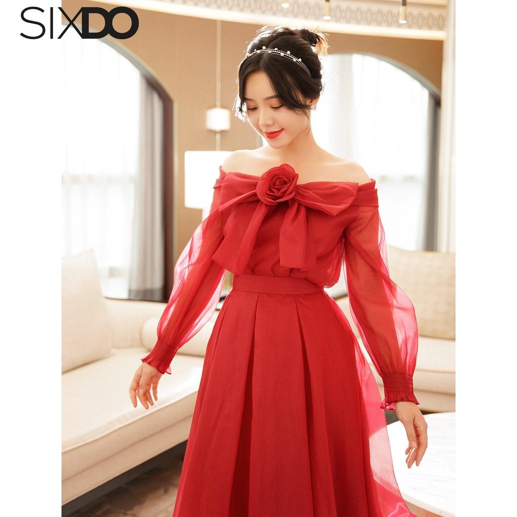 Chân váy đỏ tơ oganza xếp ly to SIXDO
