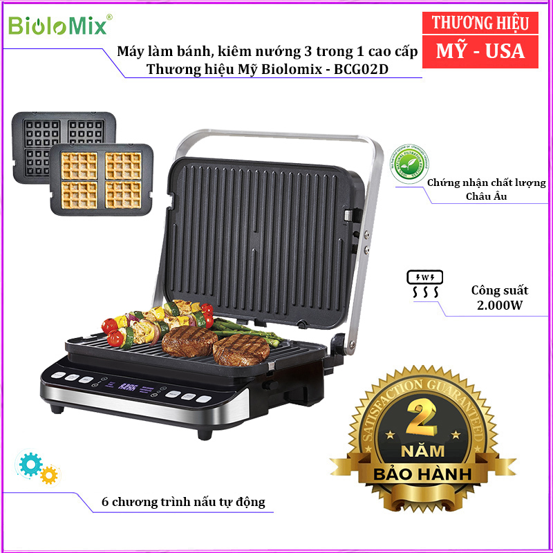 Máy làm bánh kiêm nướng 3 trong 1 cao cấp thương hiệu Biolomix BCG02D, công suất 2000W, bề mặt chống dính 2 mặt nướng, 6 chương trình nấu tự động- Hàng chính hãng