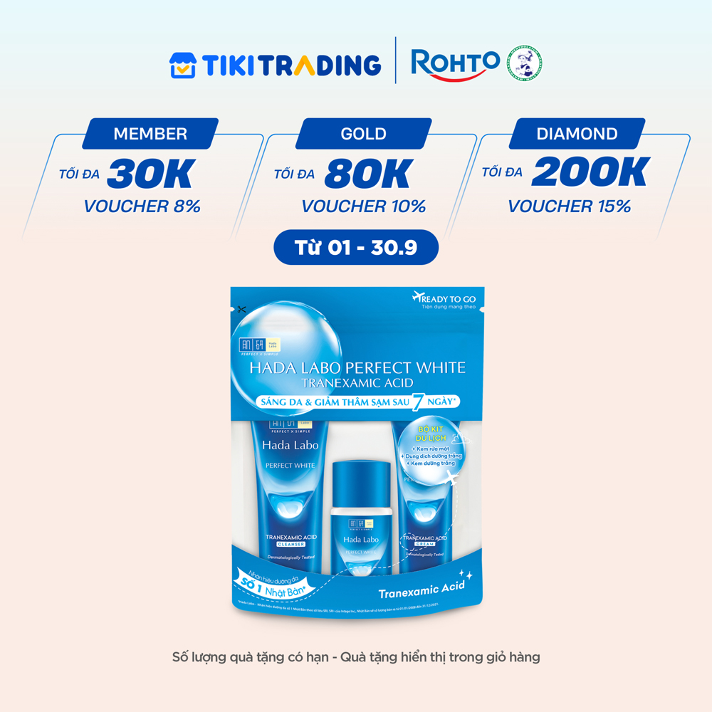 Bộ travel size dưỡng trắng Hada Labo Perfect White Tranexamic Acid Travel Set (Kem rửa mặt 15g+Dung dịch dưỡng 20ml+Kem dưỡng 12g)