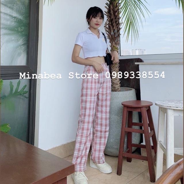 Quần karo kẻ ống rộng kèm hình thật