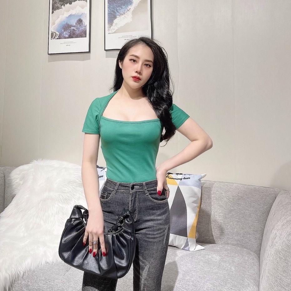 Áo thun nữ ôm body kiểu cổ vuông tay ngắn chất cotton mềm mại phong cách