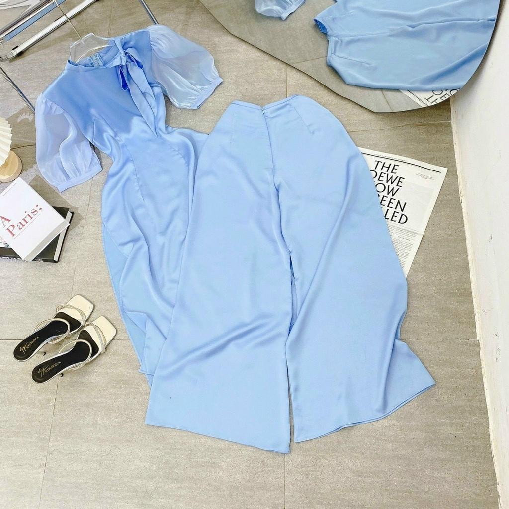 Set áo dài xanh phối tay voan phồng nơ cổ quần dài ống suông đi chùa du xuân đón têt
