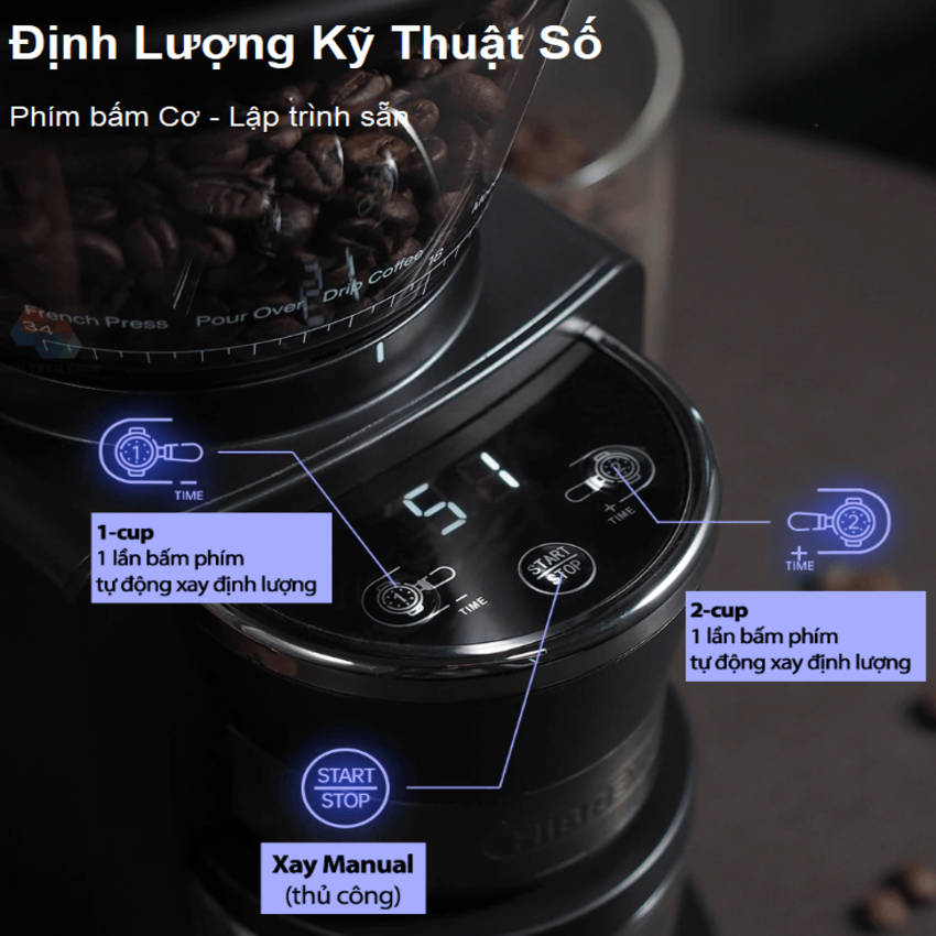 Máy xay hạt cà phê tự động tích hợp 34 chế độ xay thương hiệu HiBREW G3 công suất 220W - Hàng Chính Hãng