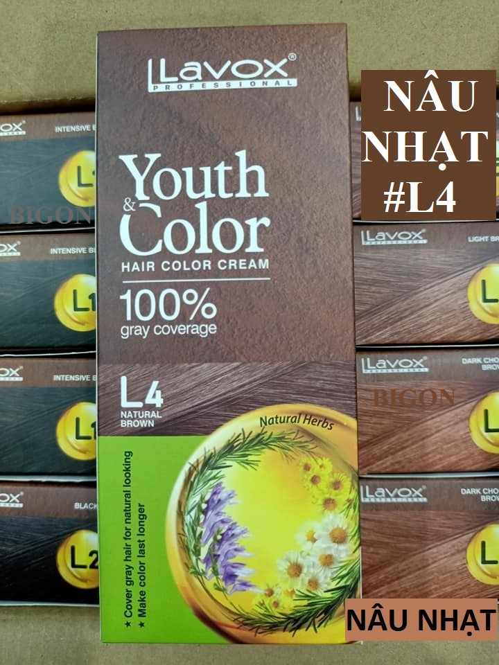 Nâu Hạt Dẻ #L4 (Mẫu Cũ Nâu Nhạt) Kem Nhuộm Dưỡng Tóc Phủ Bạc Lavox Youth&amp;Color L4