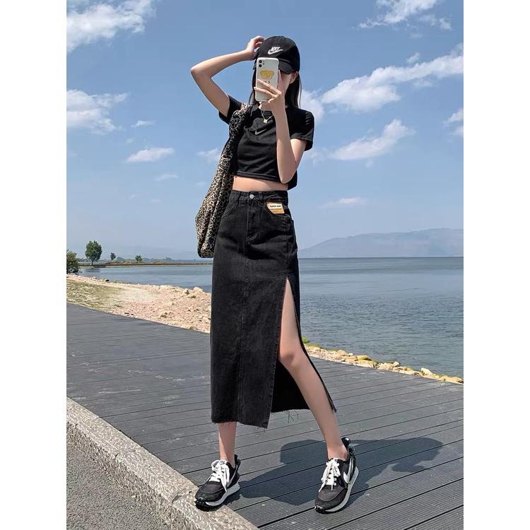 Chân váy Jean xẻ tà cạp cao cá tính, chân váy demin nữ Okélla