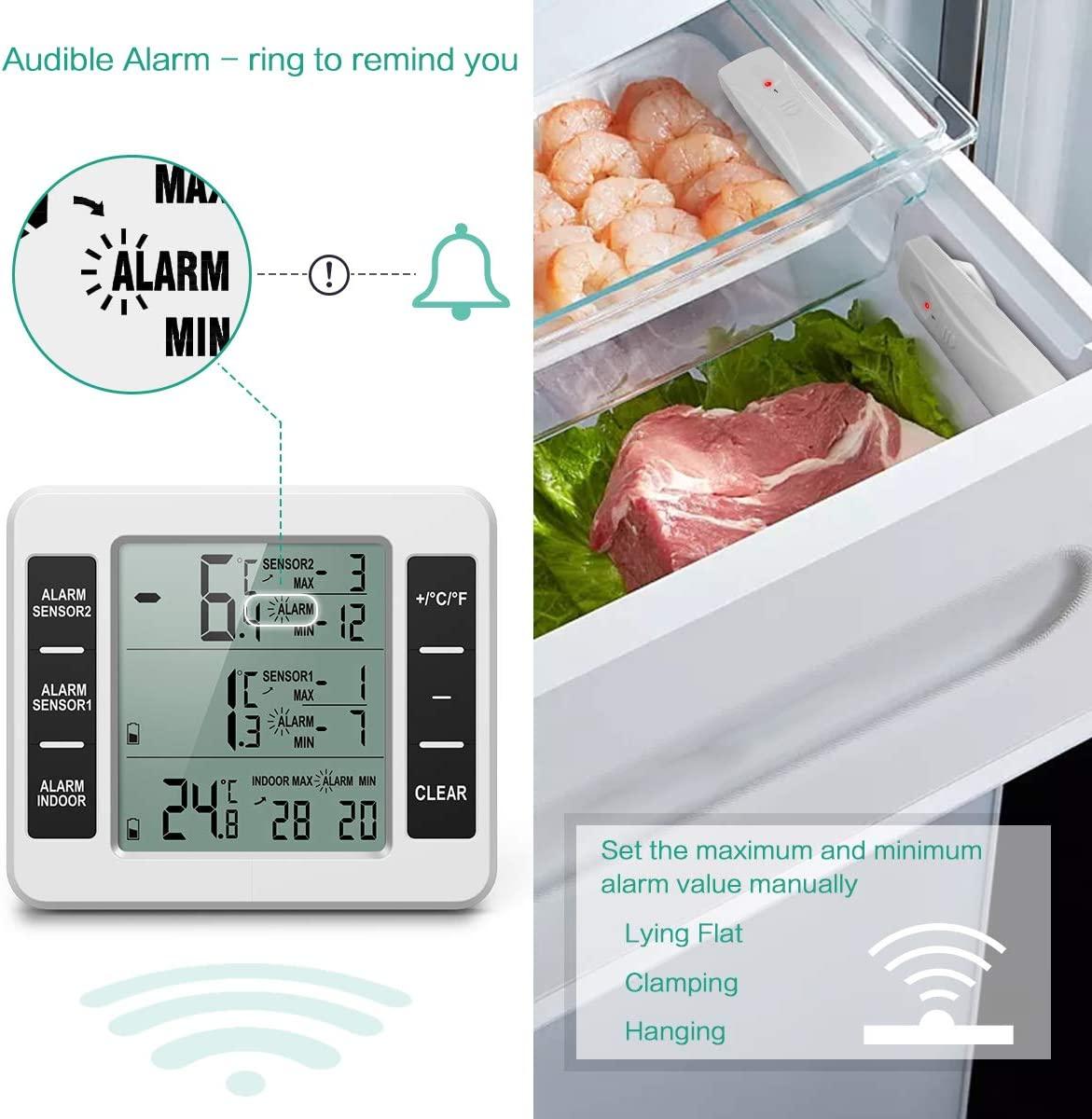 Nhiệt kế tủ lạnh, Nhiệt kế tủ lạnh không dây với 2 cảm biến, Báo động âm thanh tối thiểu / tối đa, Nhiệt kế trong nhà / ngoài trời cho nhà bếp Nhà hàng Quán cà phê